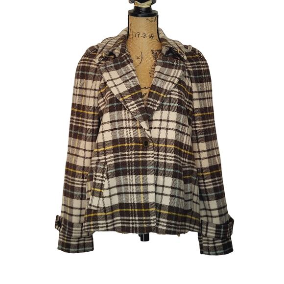 Charter Club Y2K Brown Plaid Wool Blend Short Swing Pea Coat Raglan Sleeves Sz L - Picture 2 of 15